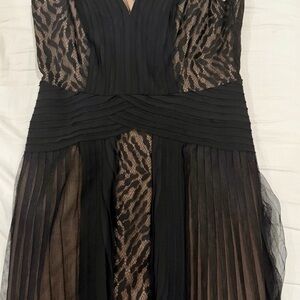 BCBGMaxAzria Black & Nude Lace-Overlay Pleated Midi Dress with Sheer Panels